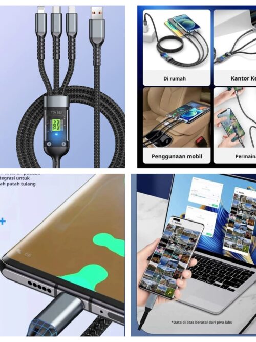 100W 3-in-1  Charging Cable Intelligent Support For  Charging USB, Visual Power Charging Via Multiple Interfaces